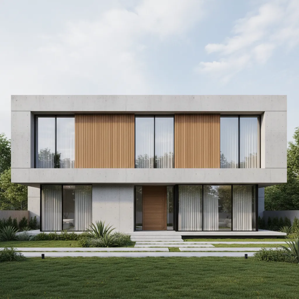 Modern residential house exterior with concrete and wood outdoor wall design