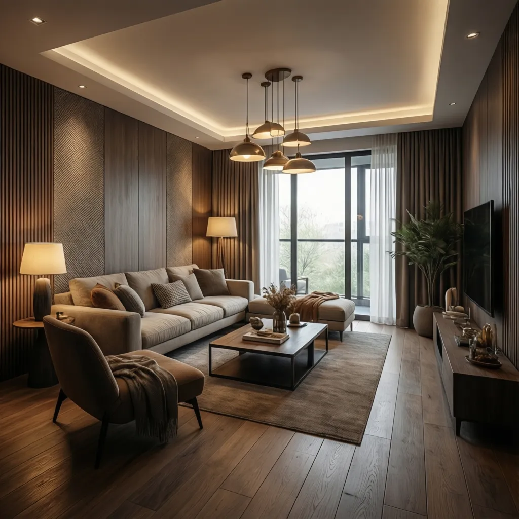 Modern residential living room with layered lighting and natural materials