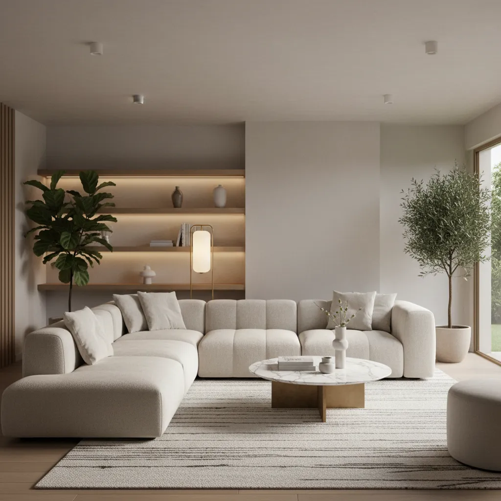 Modern cream sofa in minimalist living room with marble coffee table rug and indoor plants