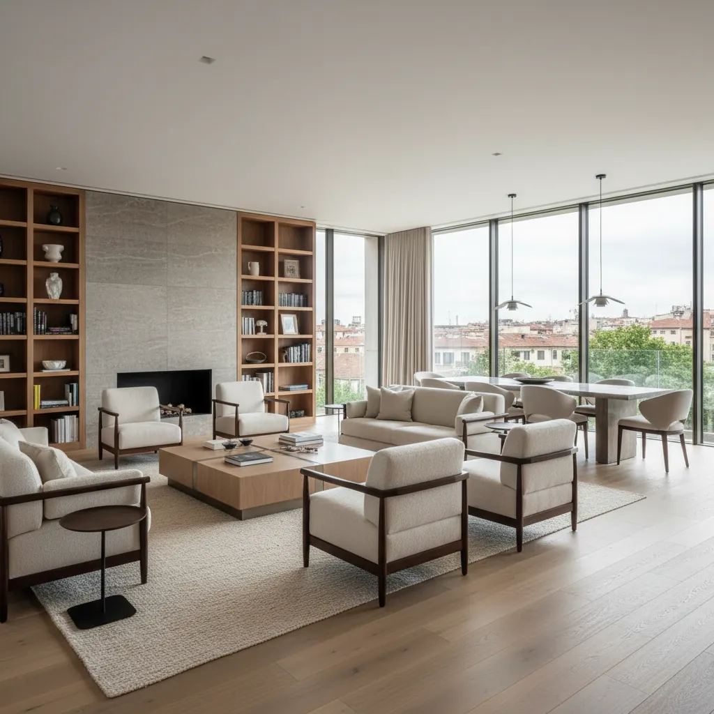 Modern living room with white sofas armchairs wooden coffee table large windows and city view
