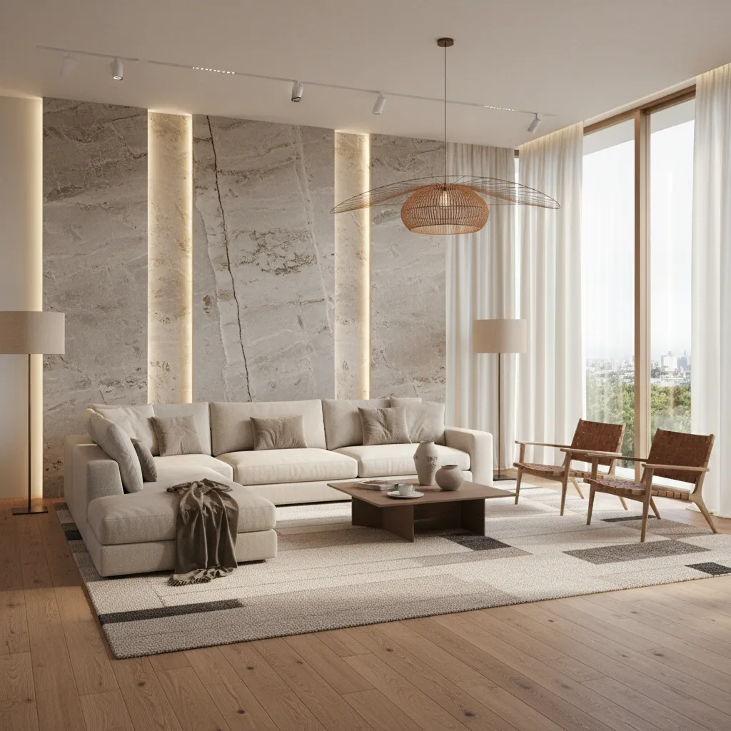 modern residential living room inspired by Casa Decor but adapted for real home