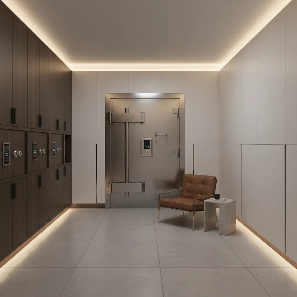 Modern residential vault room with reinforced door and organized safe storage walls