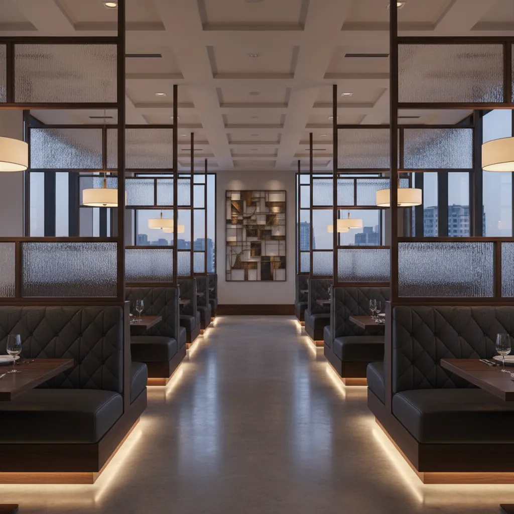 Modern restaurant interior with dark booths glass partitions ceiling lights and a symmetrical dining room