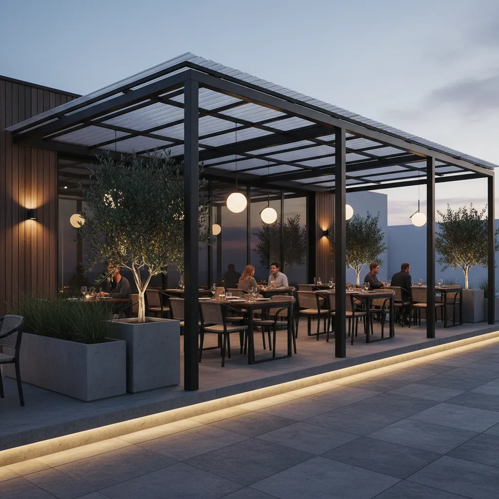 Modern restaurant patio with steel pergola and clear roof panels