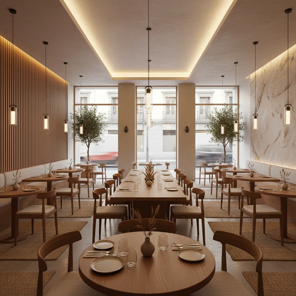 Restaurante moderno con estilo minimalista y materiales naturales