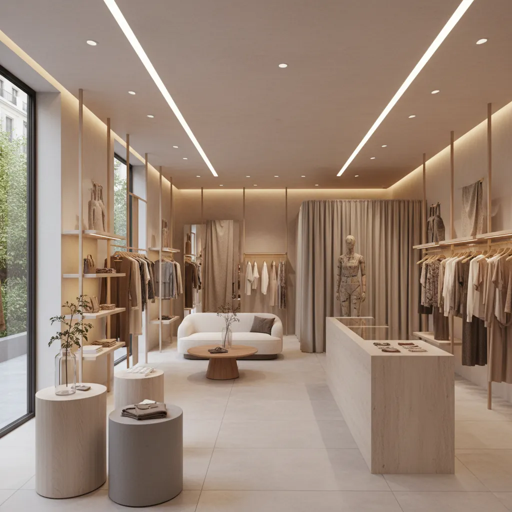 Modern minimalist clothing store with cream sofa wooden coffee table and bright linear ceiling lights