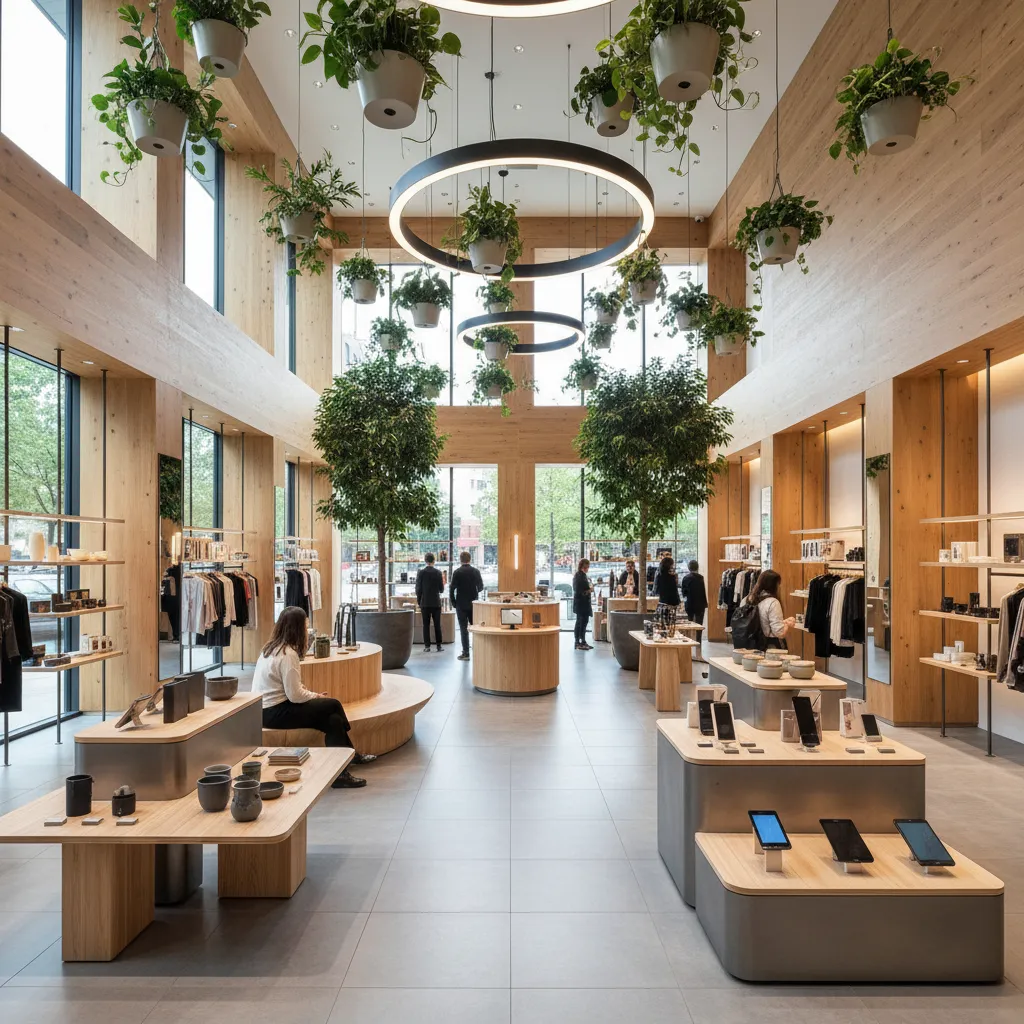 Tienda moderna con diseño abierto y materiales naturales