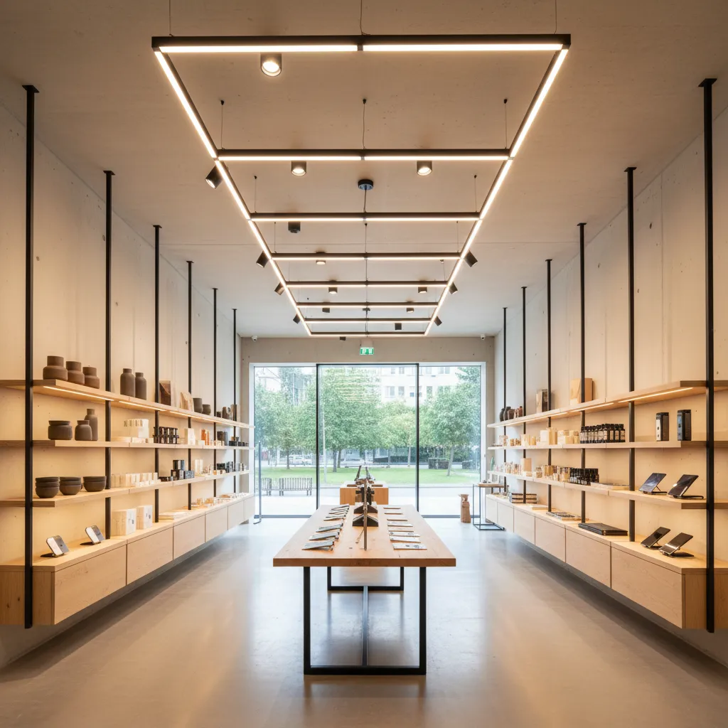 Interior de una tienda moderna diseñada con iluminación y mobiliario contemporáneo