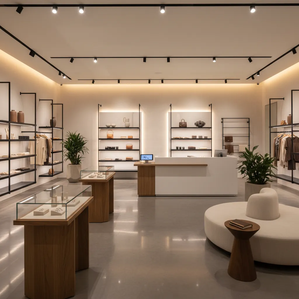 Interior moderno de tienda con iluminación y exhibición de productos