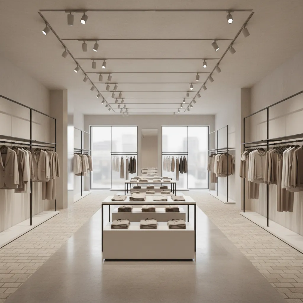 Modern retail store interior with product displays clear sightlines and customer circulation