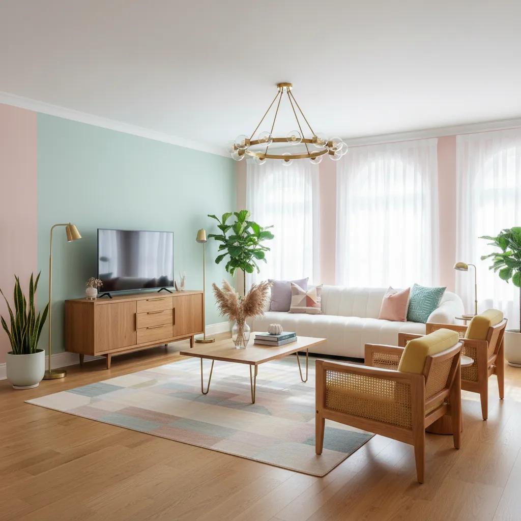 modern living room subtly inspired by 80s and 90s decor with comfortable furniture