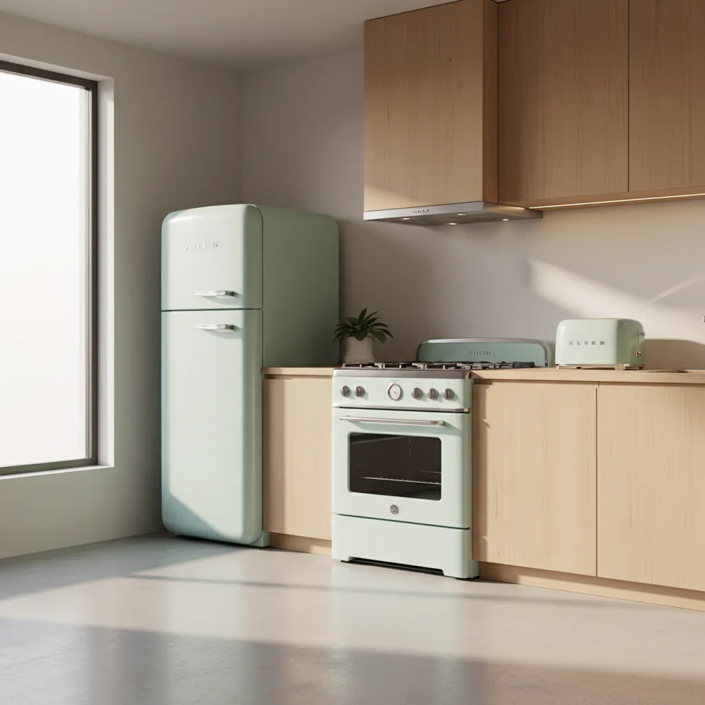 modern retro style refrigerator and oven in mid century kitchen