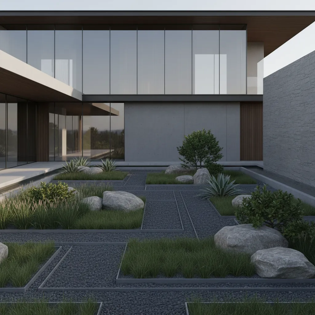 Modern interior design drawing showing rock garden with grey gravel, green grass, and glass windows