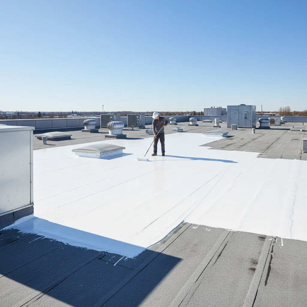 Contractor applying white silicone roof sealant coating on flat roof
