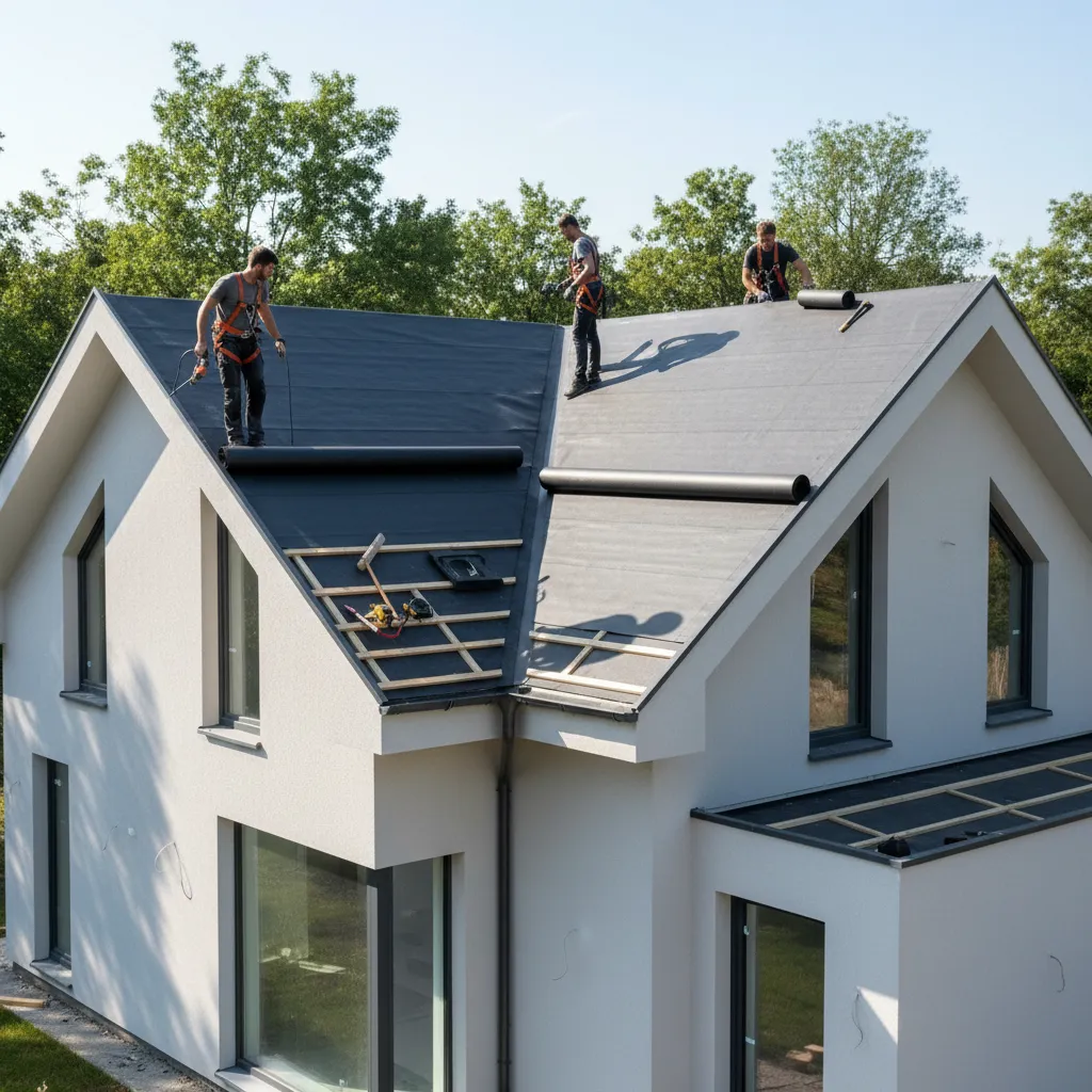 Roofing contractor installing waterproof membrane on a roof surface