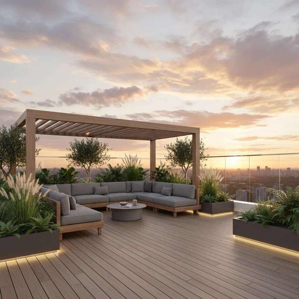 Contemporary rooftop terrace lounge with seating pergola and planters