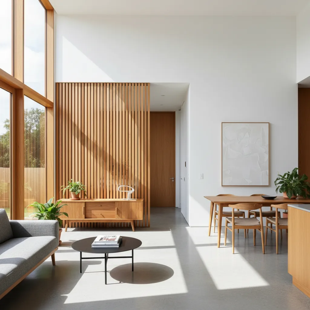 Separador de ambientes con paneles de madera en interior moderno