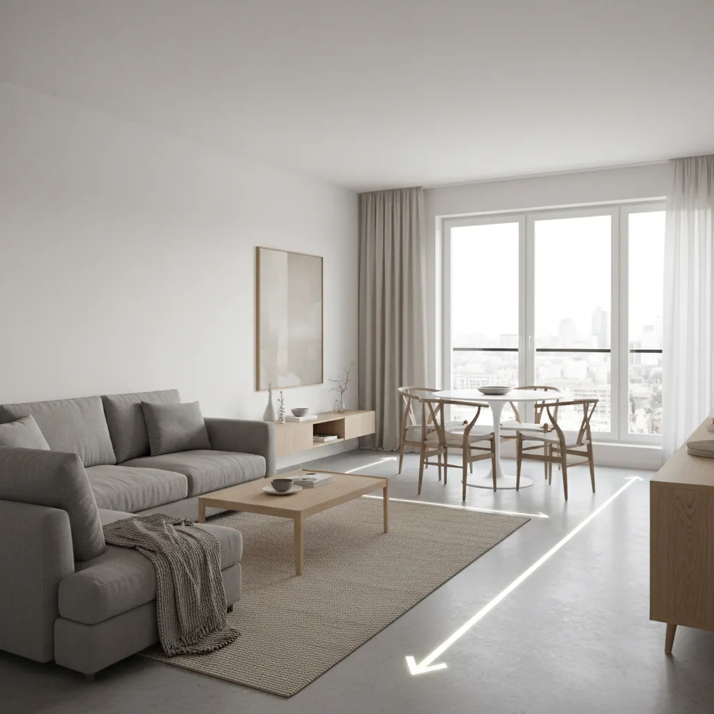 Modern living room layout showing clear circulation path between sofa and dining area