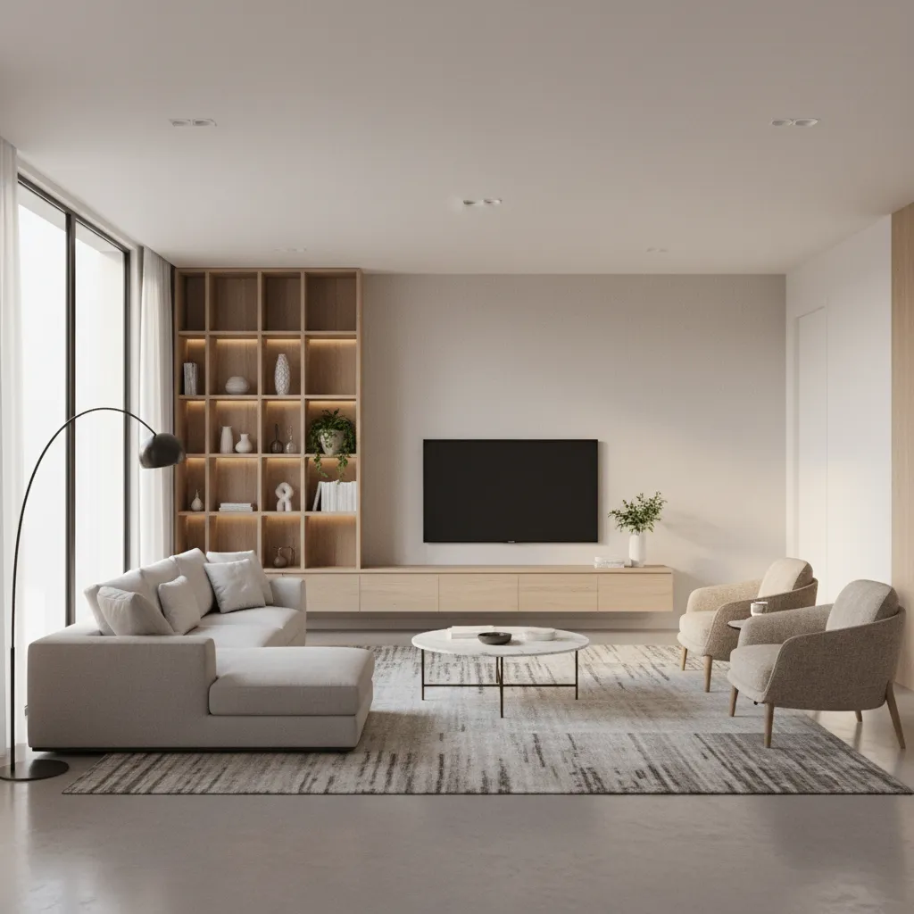 Minimalist living room with grey sofa wooden shelving unit wall mounted television and marble table
