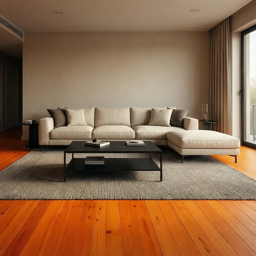 modern living room balancing warm wood floors with neutral furniture