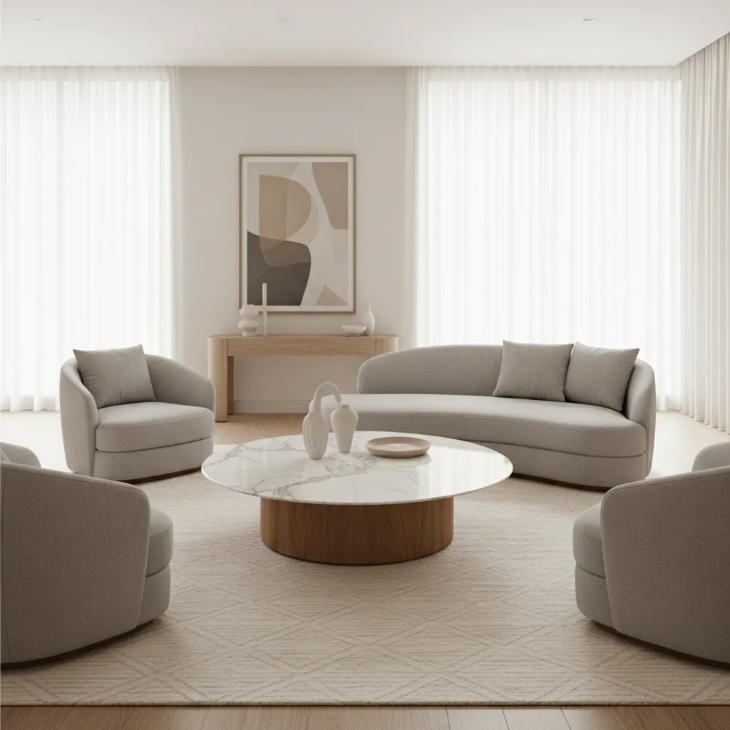Modern living room with curved grey sofa armchairs and round marble coffee table with curtains