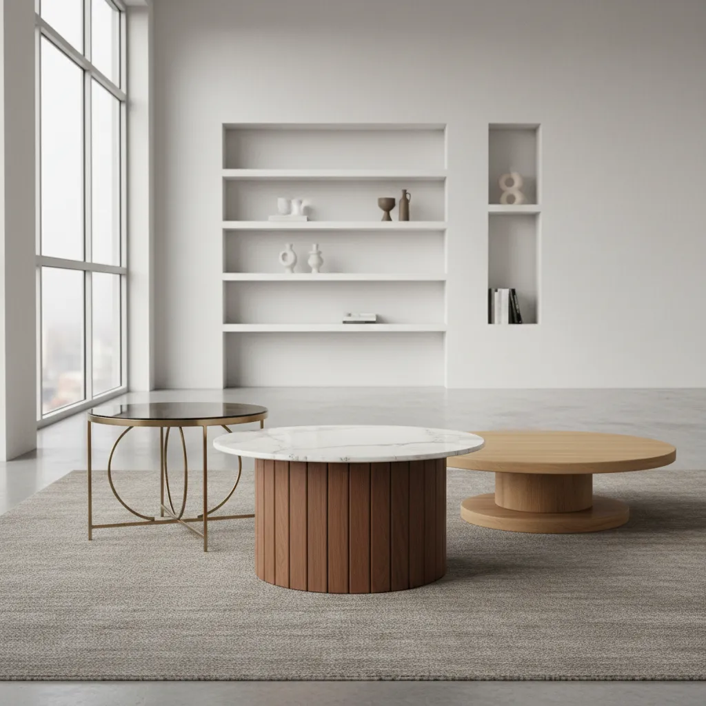 Three different round coffee tables on grey rug in front of white wall with shelves