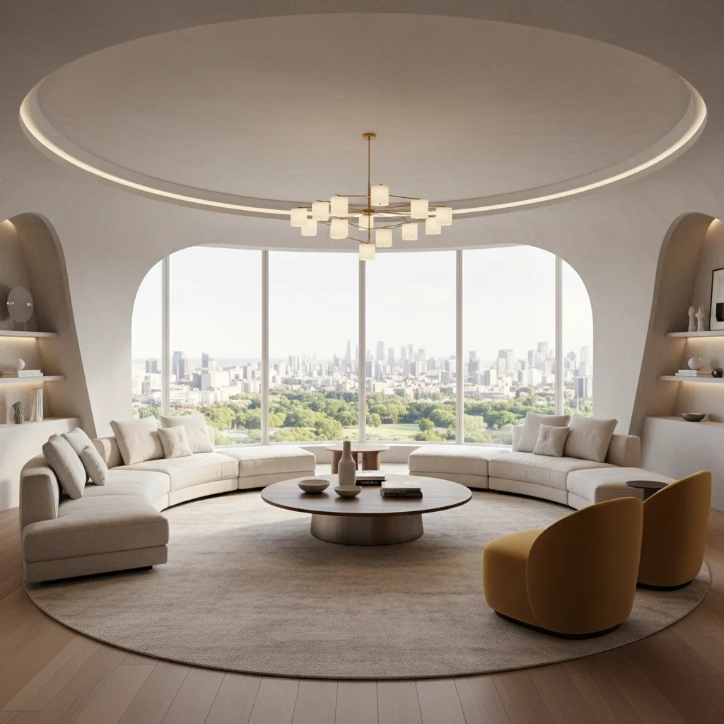 modern circular living room with panoramic windows and curved furniture