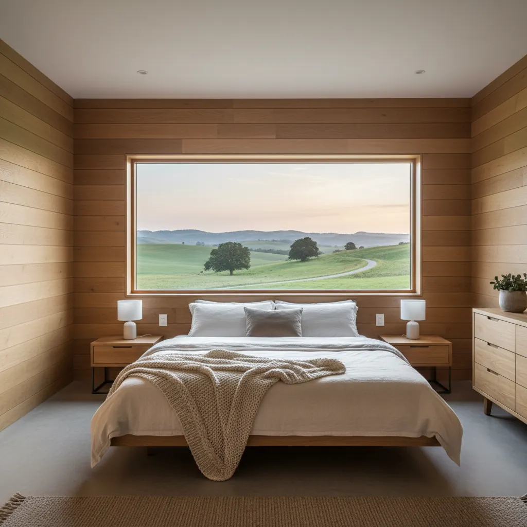 Dormitorio minimalista en casa rural moderna con madera y luz natural