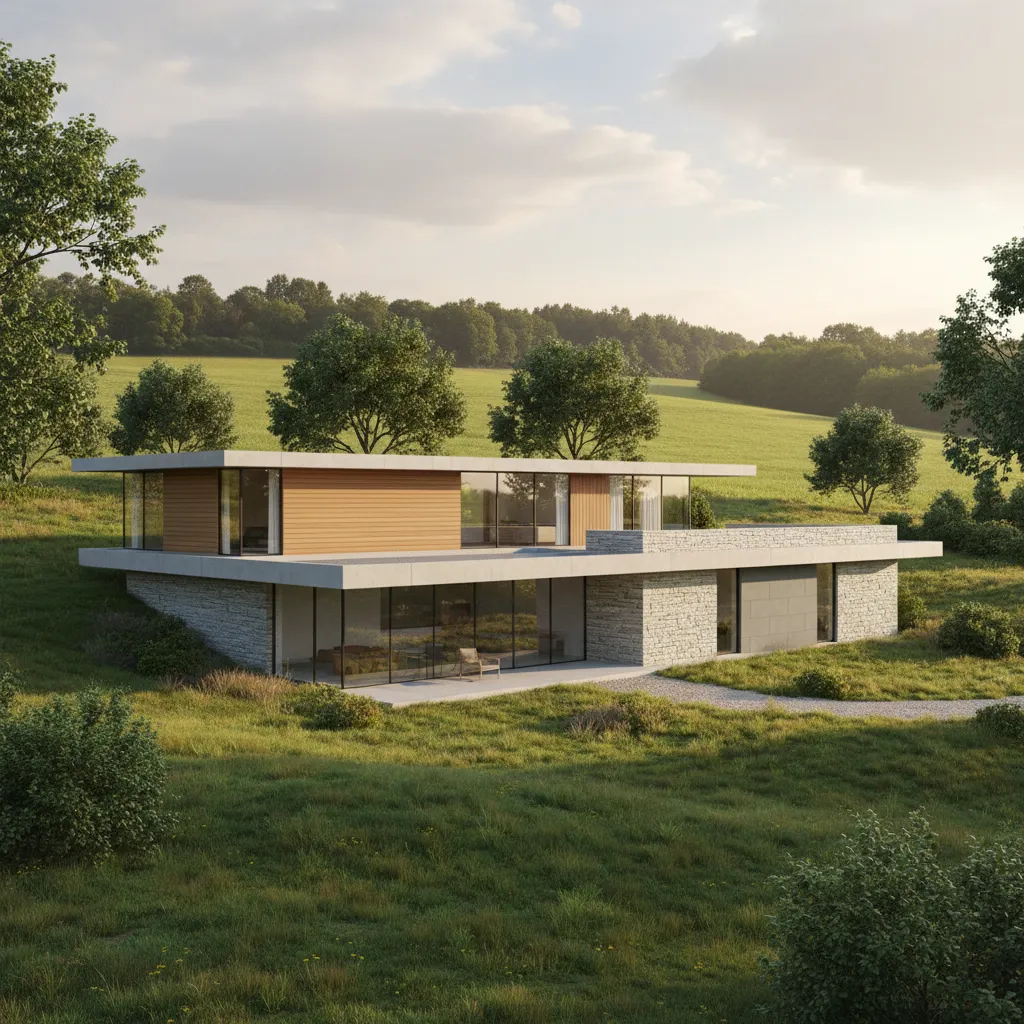 Modern rural house exterior in countryside landscape