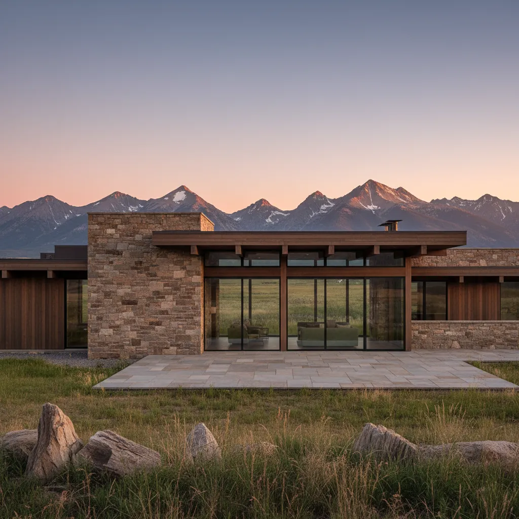 Exterior de casa rural moderna con piedra y madera