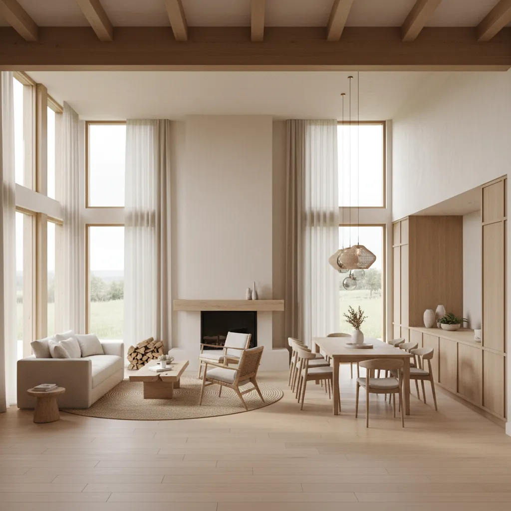 Modern rural house interior with open living and dining layout