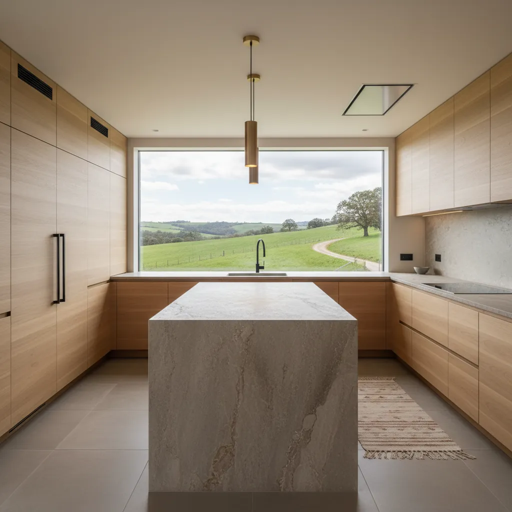 Cocina moderna con isla en casa rural