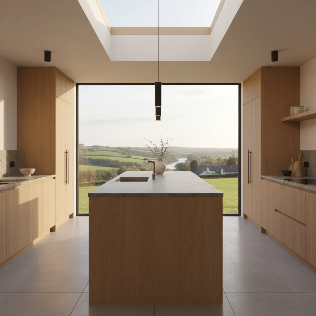 Cocina moderna en casa rural con isla y madera natural