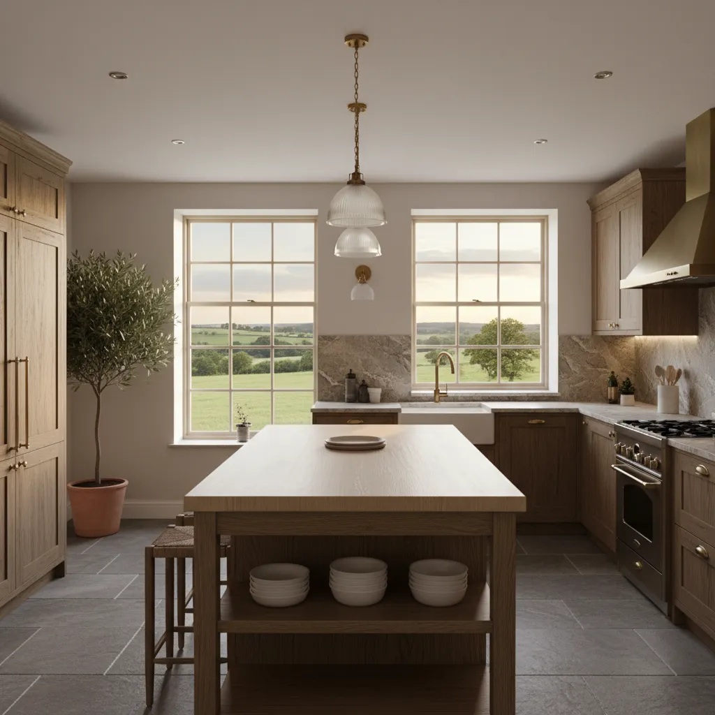 Cocina moderna de casa rural con isla central y materiales naturales