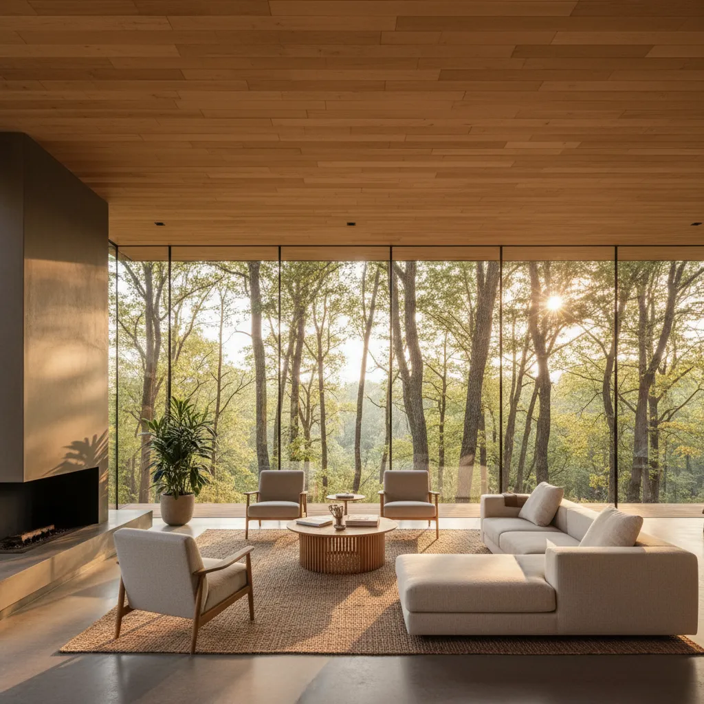 Sala de estar abierta con ventanales en casa campestre moderna