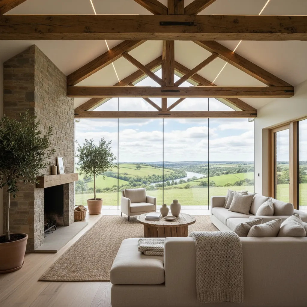 Salón de casa rural moderna con madera natural y grandes ventanales