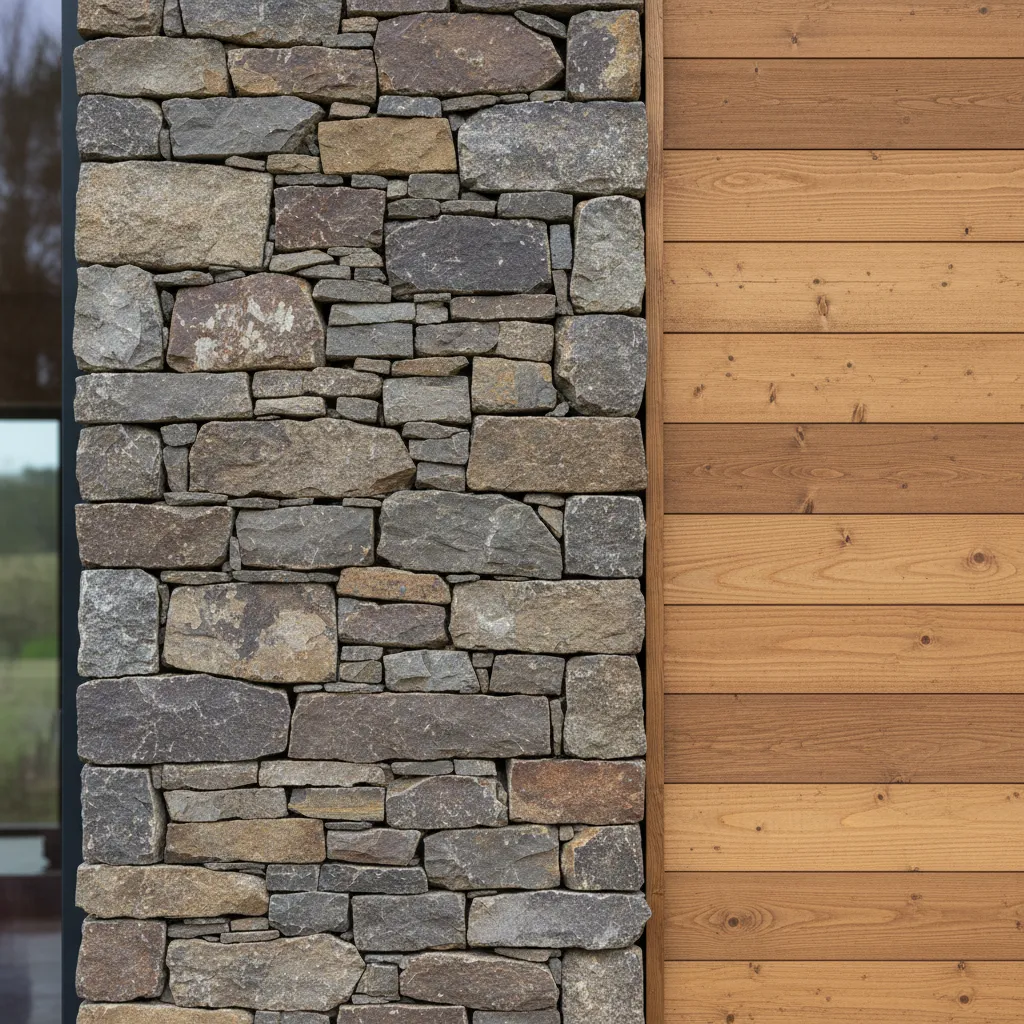 Detalle de materiales naturales en casa moderna de campo como piedra y madera