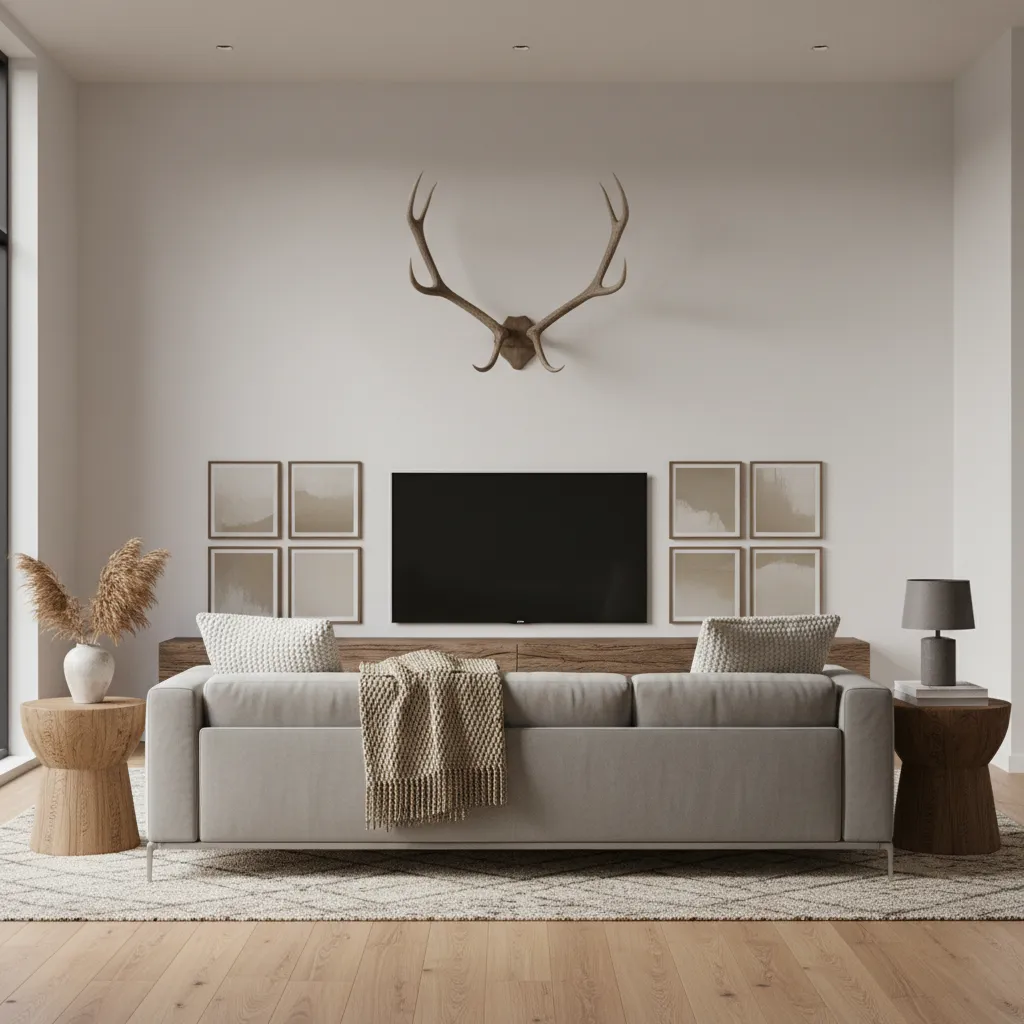 Modern rustic living room wall with large elk antlers displayed above a neutral sofa