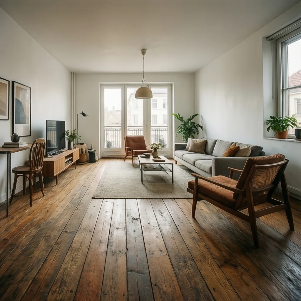 Apartamento moderno con piso de madera rústica