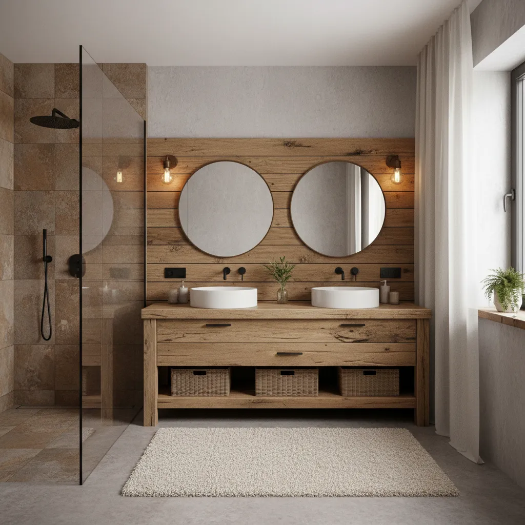 Modern rustic bathroom with double white sinks wooden cabinet two round mirrors and glass shower