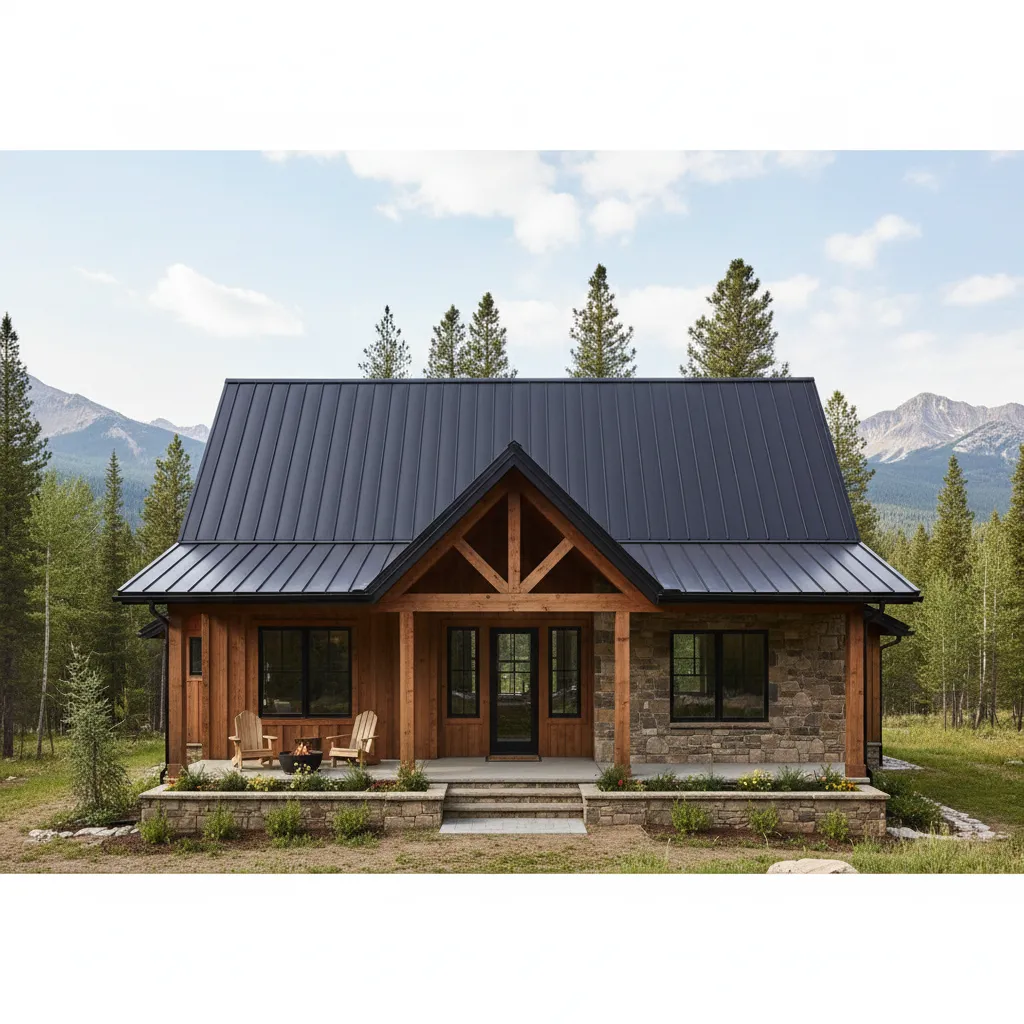 Modern rustic cottage with black metal roof wooden walls stone details porch and mountain landscape