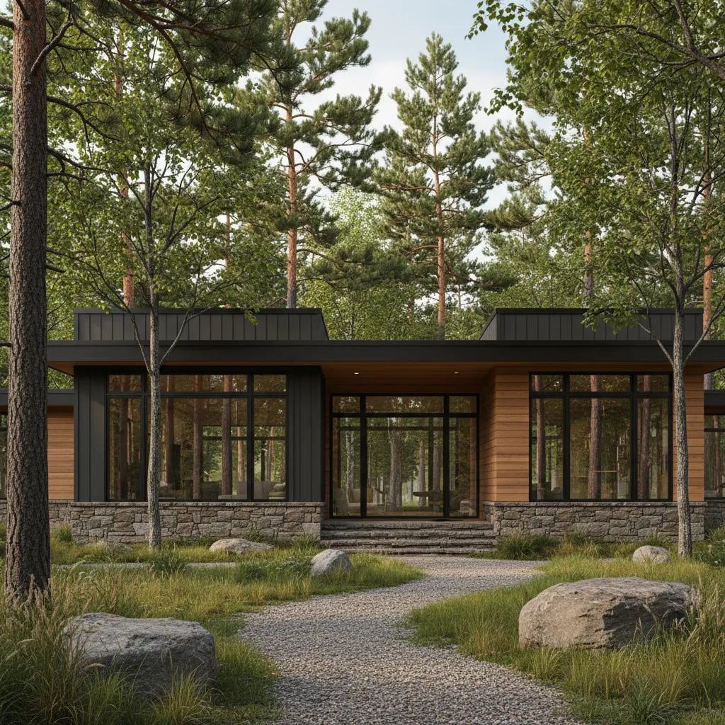 Modern rustic home exterior with dark wood siding and stone accents