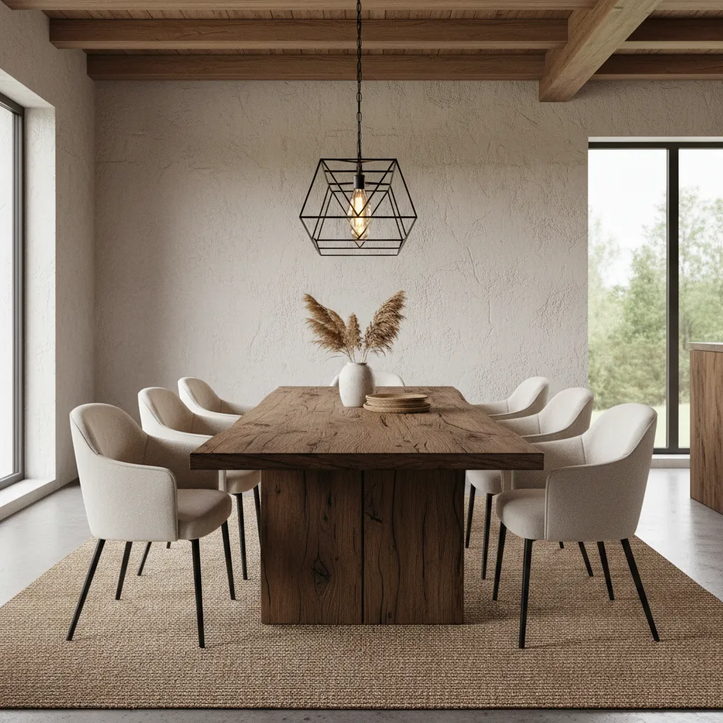Comedor con mesa rústica de madera y sillas modernas tapizadas
