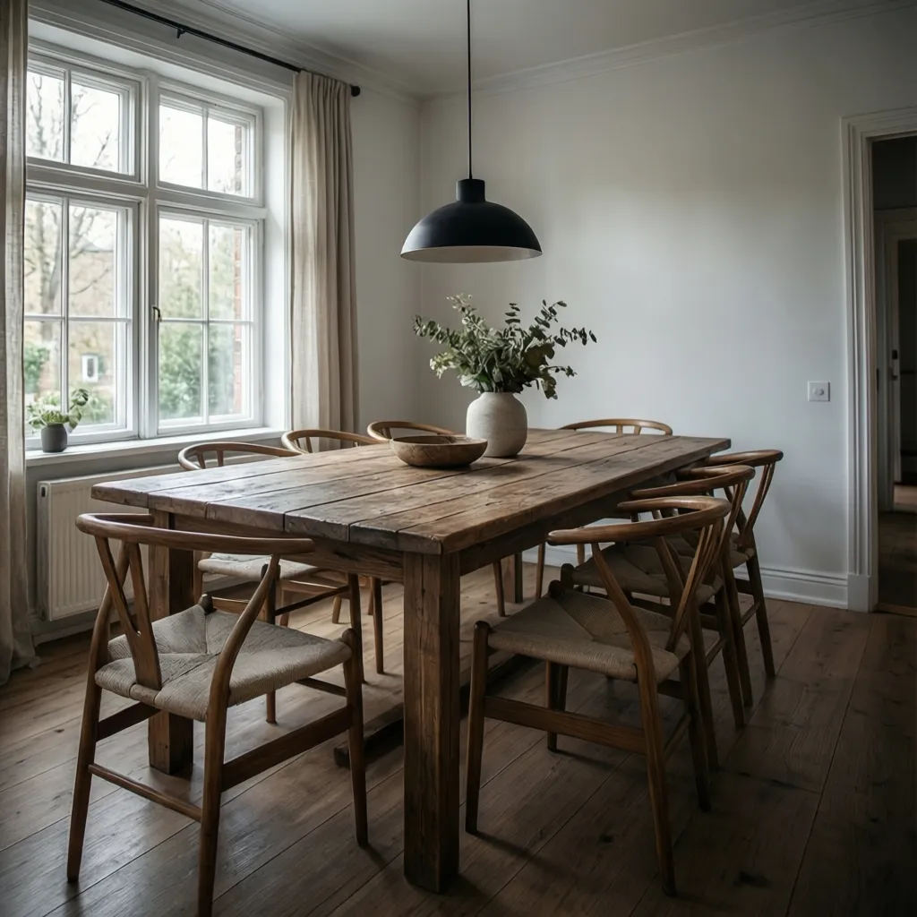 Modern rustic dining room with natural wood table and neutral interior styling
