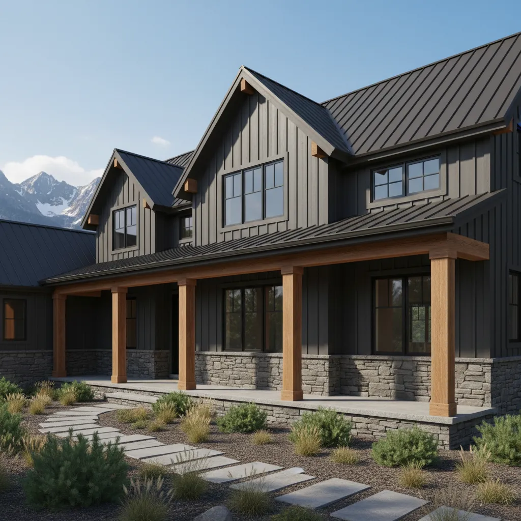 modern rustic house with dark siding and natural wood accents demonstrating strong exterior contrast