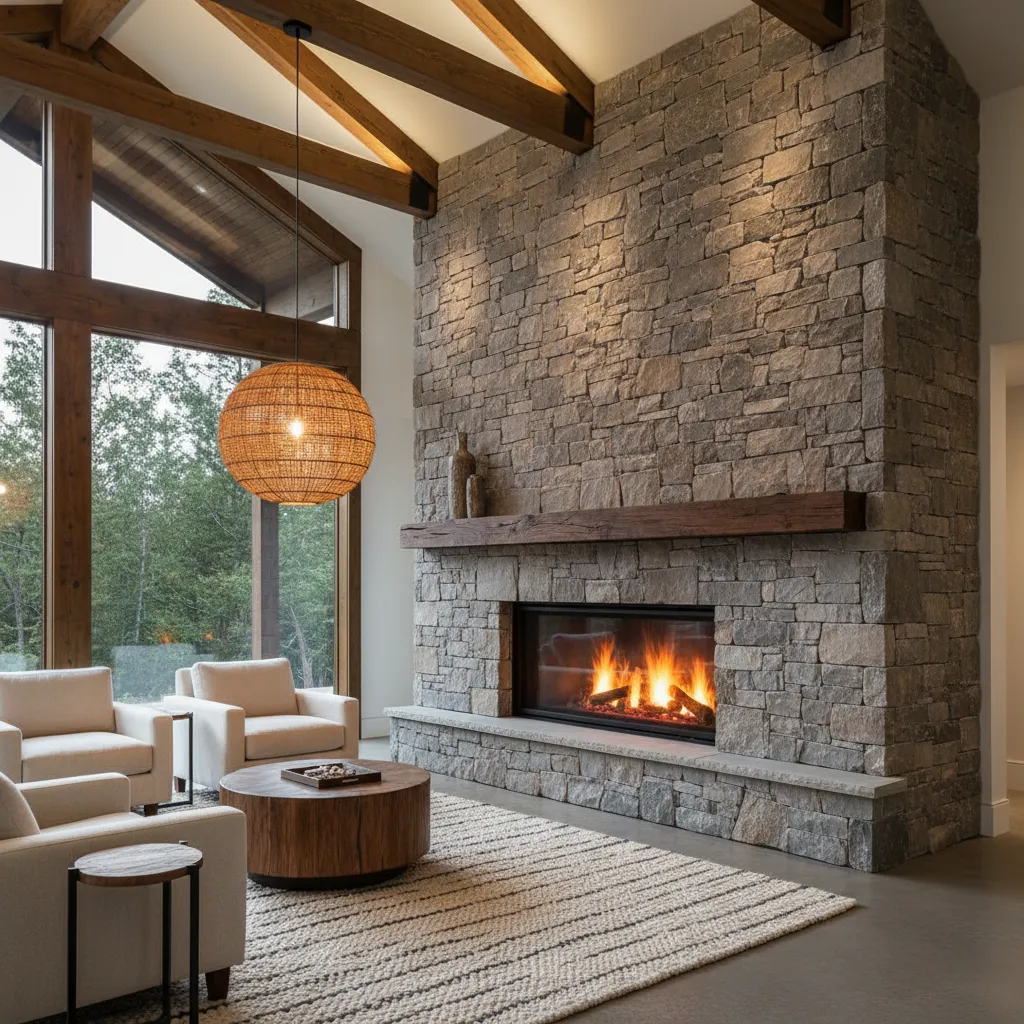 Chimenea que mezcla estilo rústico con insert moderno