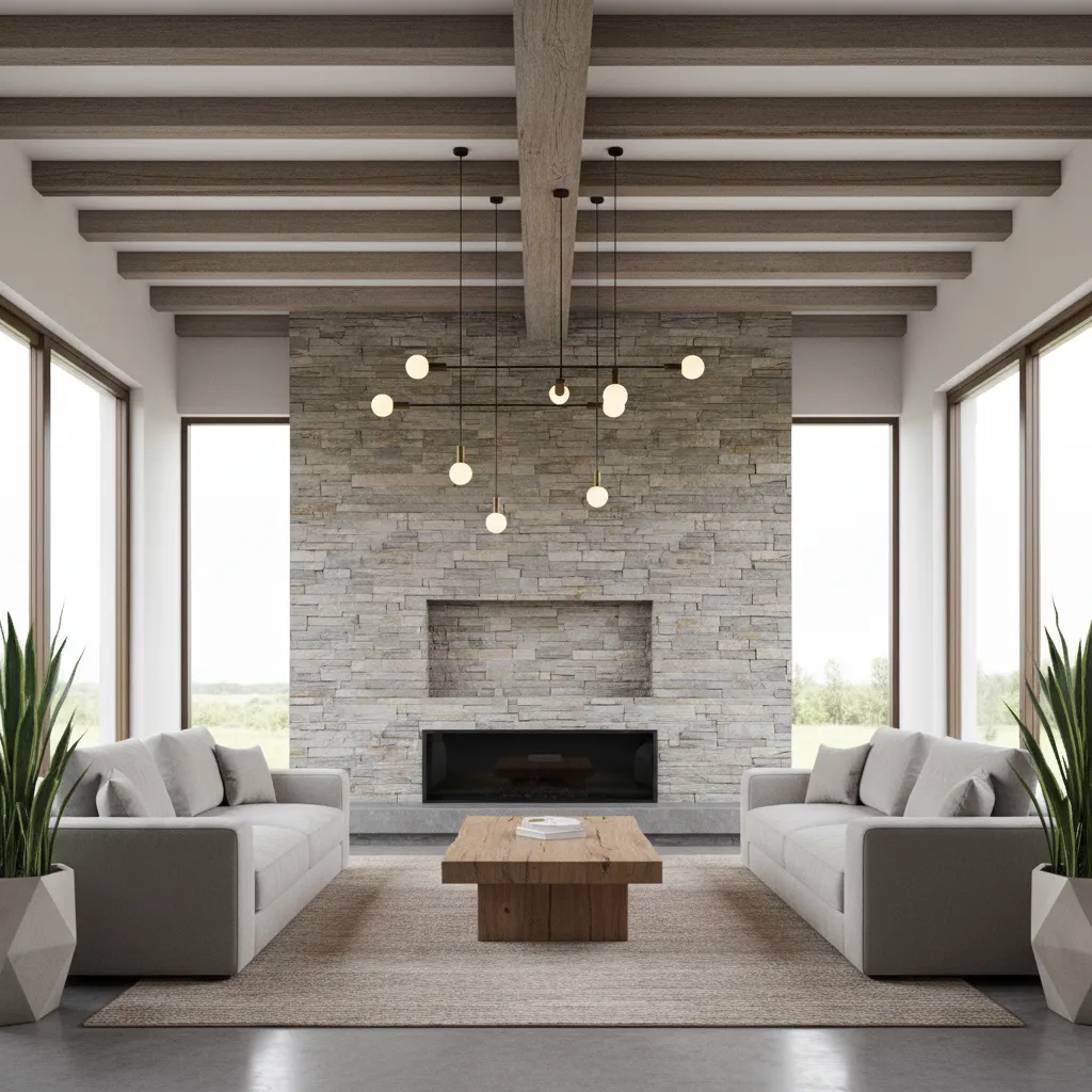 Interior que combina estilo rústico con muebles modernos