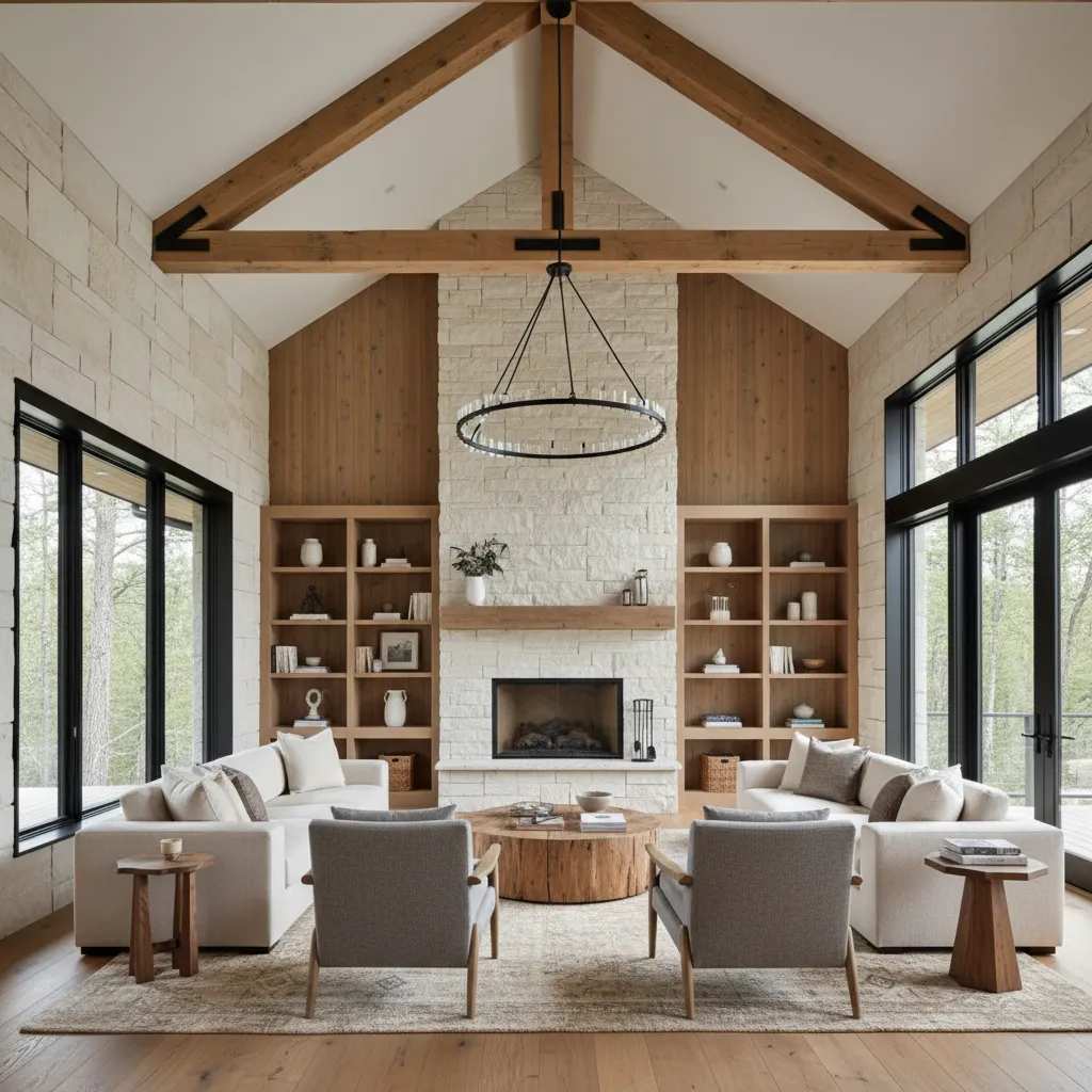 Interior rústico moderno con vigas y muebles contemporáneos