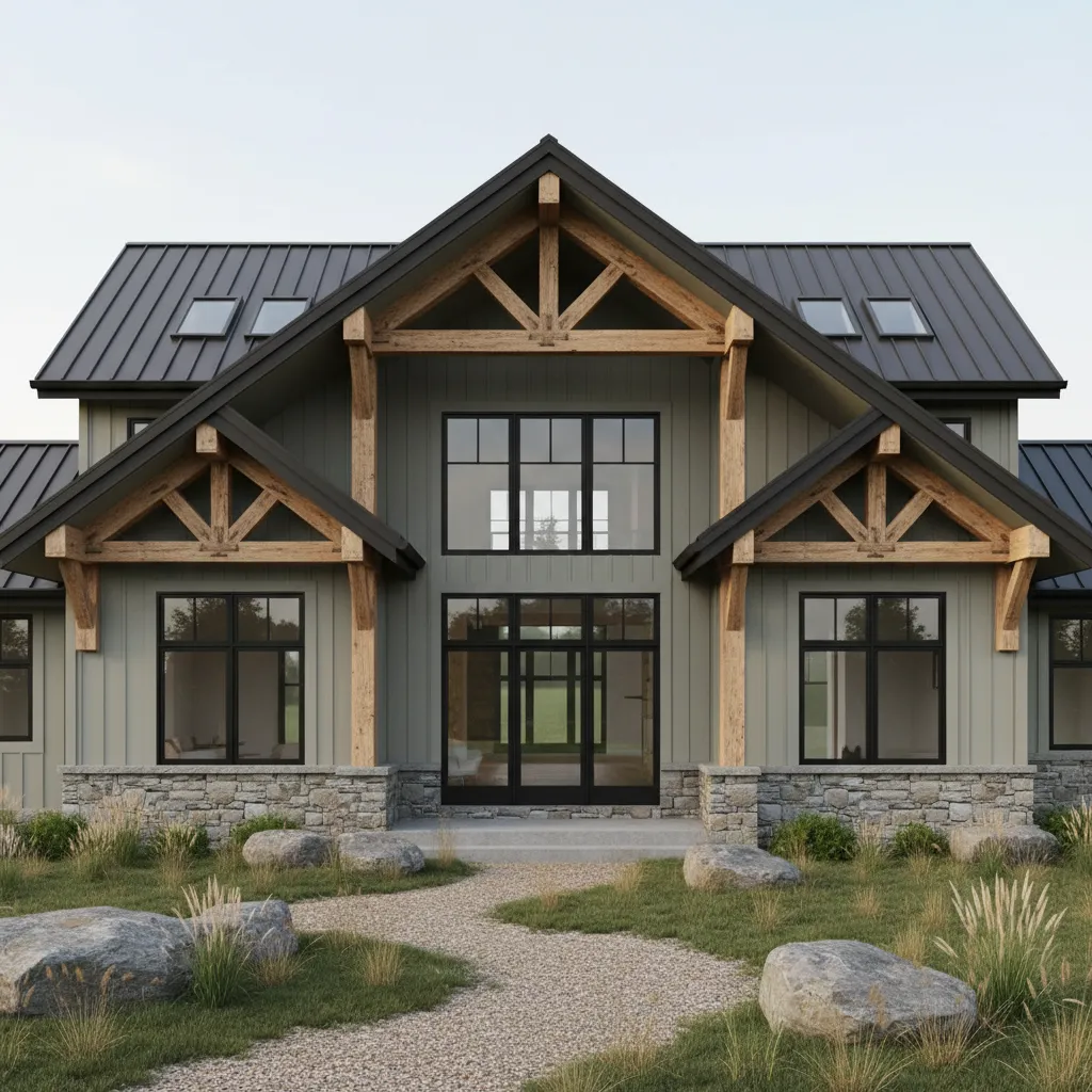 Modern rustic house with greige siding cedar wood accents and black windows