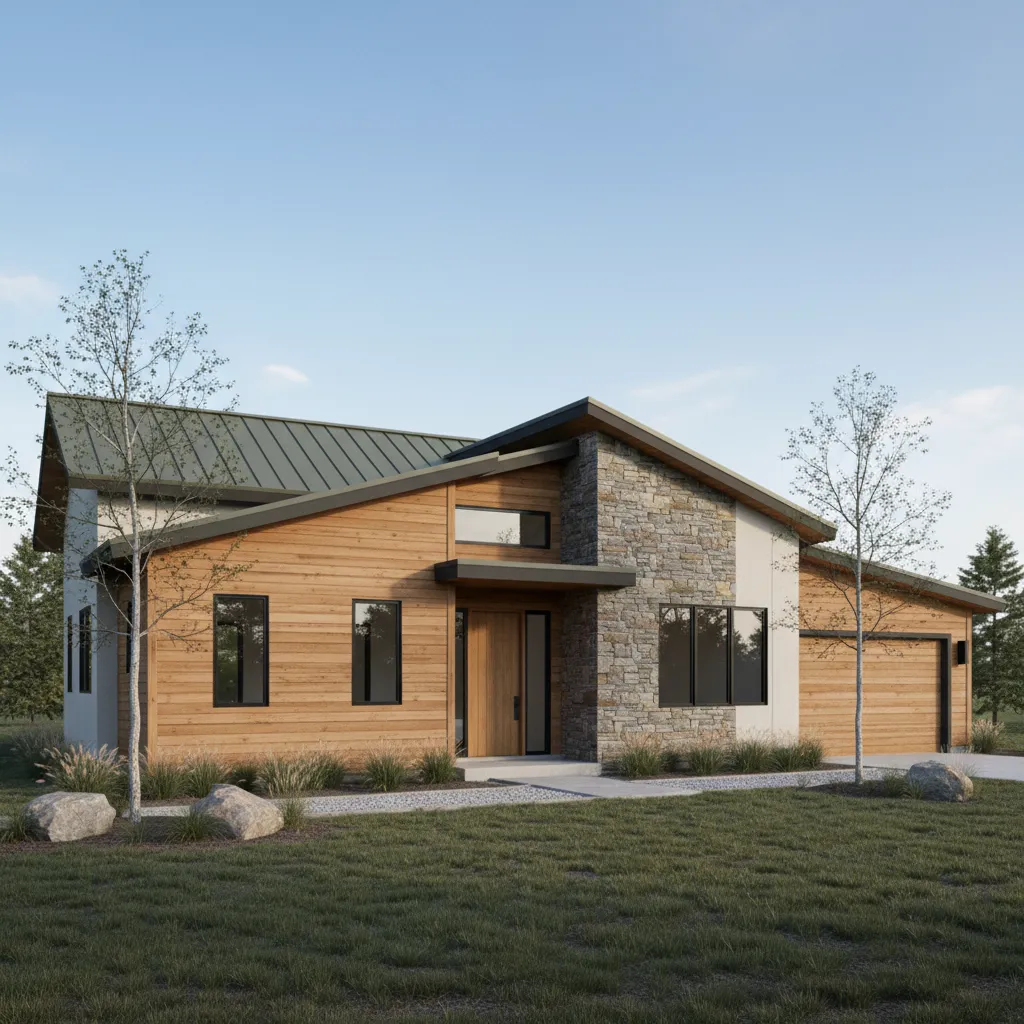 Modern rustic home exterior featuring wood siding and stone accents